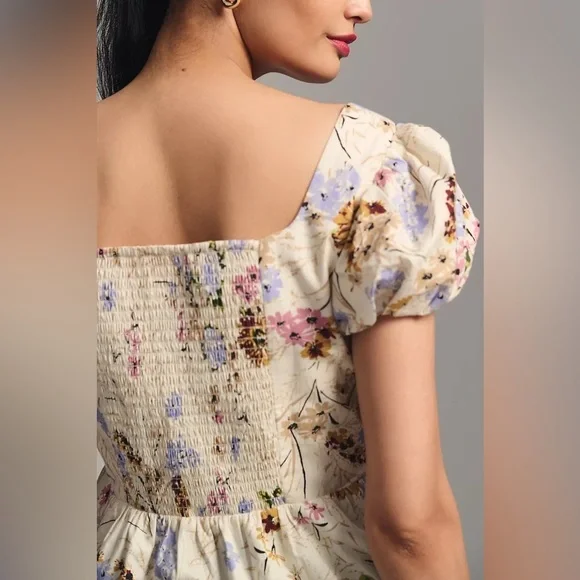 NWT Size S - By Anthropologie Puff-Sleeve Peplum Top (100% Cotton) - Picture 5 of 12